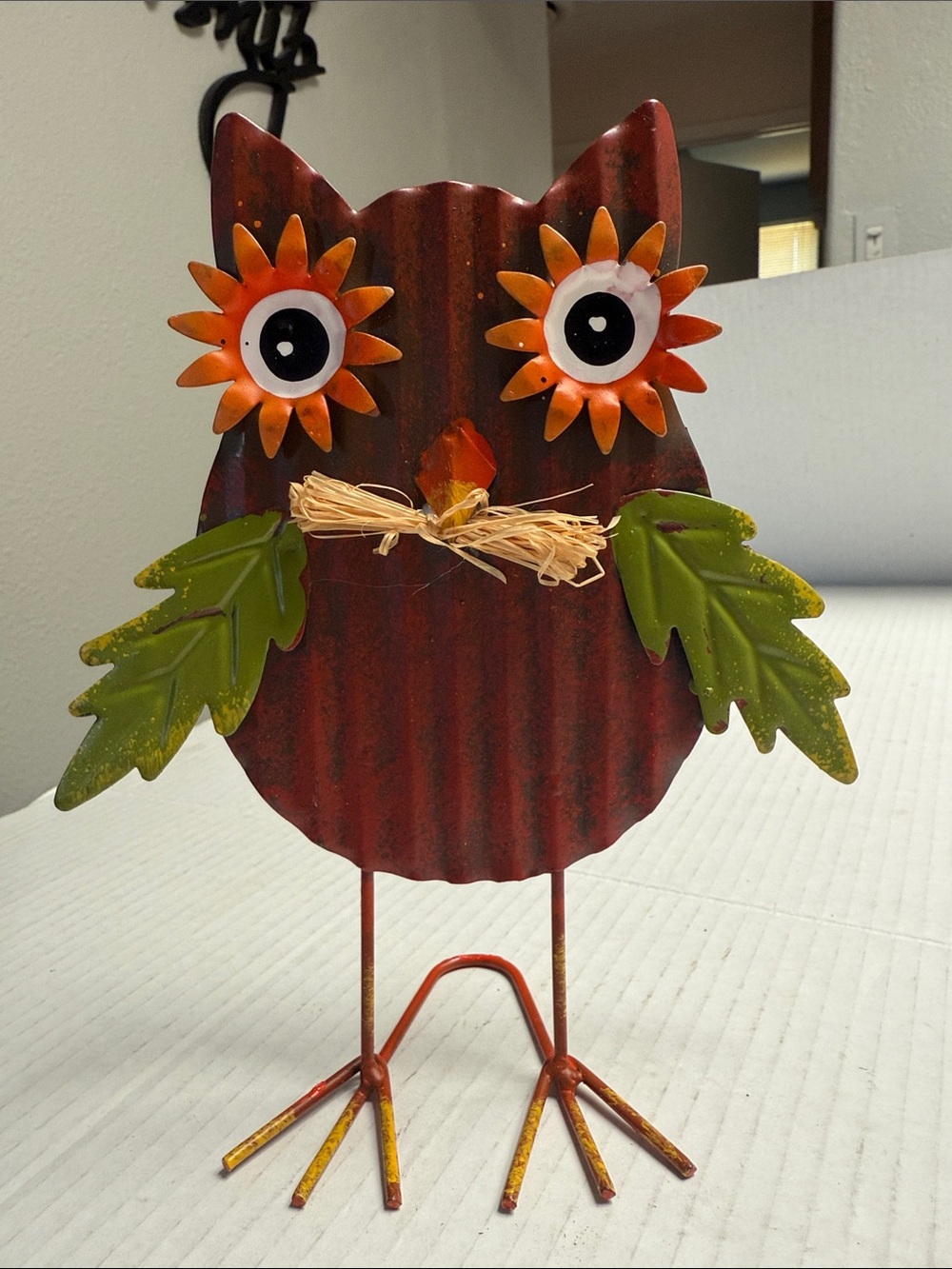 Whimsical Metal Owl Décor in Rust Red & Orange